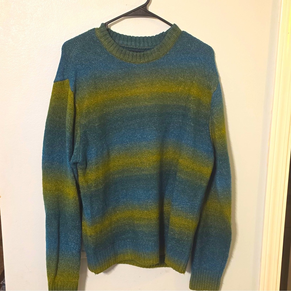 Edgar + Ash Men's Crew Neck Striped Knit Pullover Sweater Blue Green Size S #146